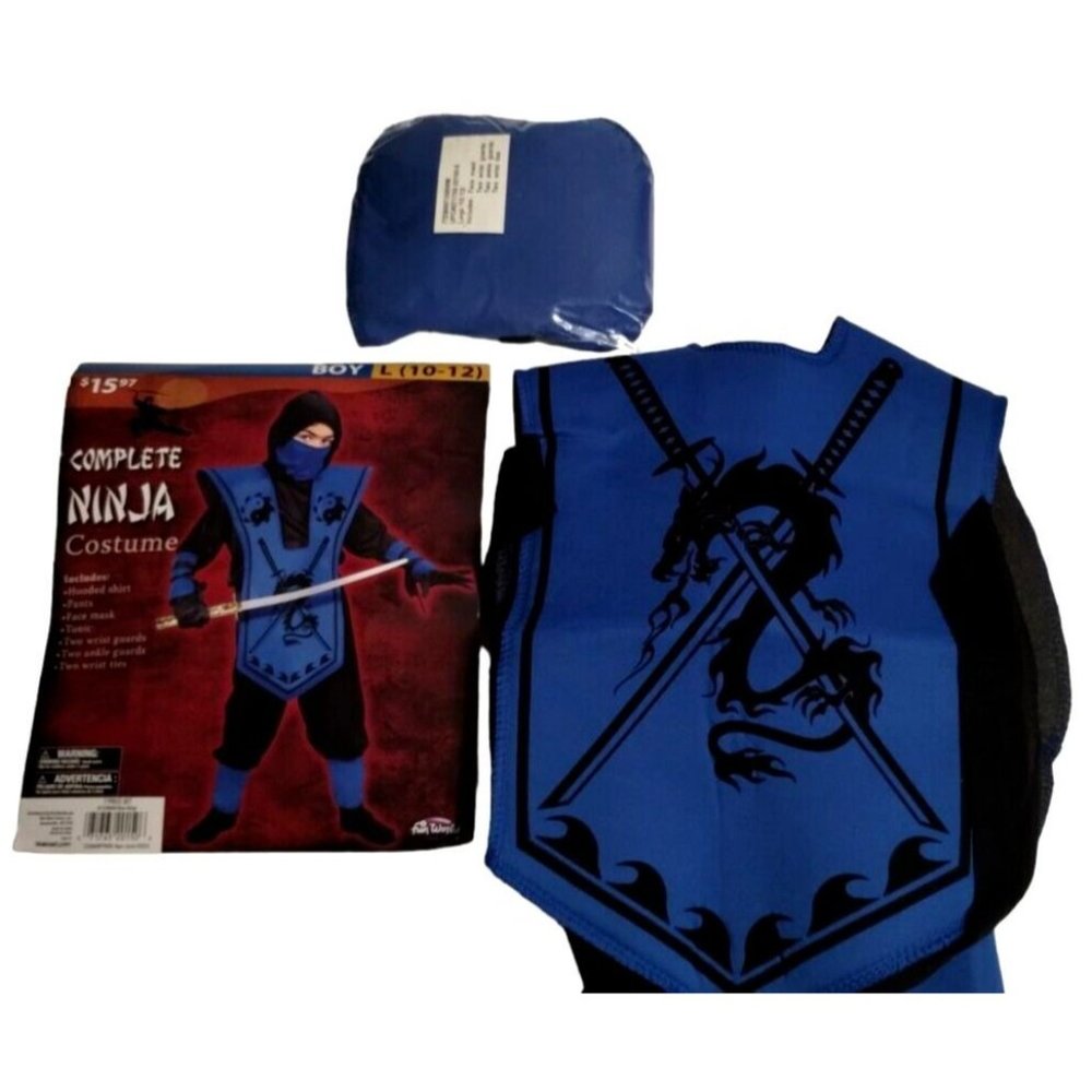 Complete Ninja 10 piece Costume Boys Size Large 10 to 12 New Halloween Dress Up